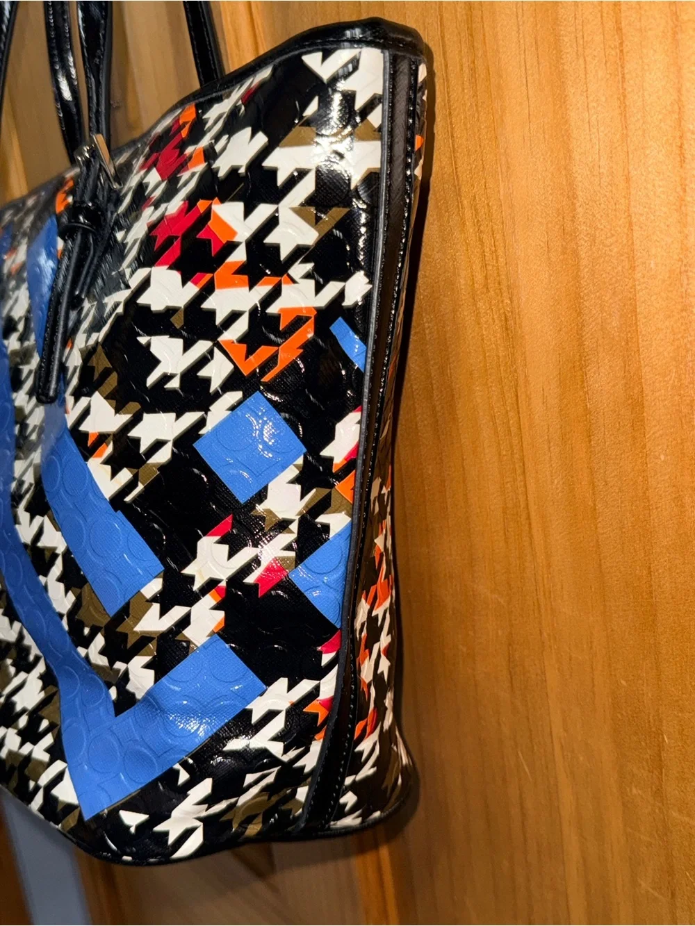Nine West Black Patent Houndstooth Tote with Blue & Orange Accents & ID Wallet